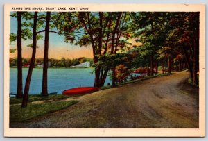 Kent Ohio~Roadside View Along The Shore Of Brady Lake~Vintage Linen Postcard