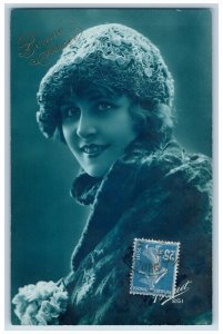 France Postcard RPPC Photo Bonne Annee Pretty Woman Floral Bonnet c1930's Posted