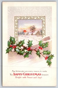 Holiday~Holly & Homes At Sunset Christmas Greeting~Vintage Postcard