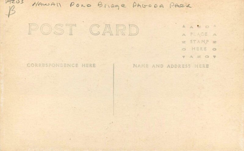 Hawaii Pond Bridge Pagoda Park 1920s RPPC Photo Postcard 22-8054