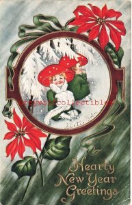 New Year, Hearty New Year, Women in Red Hat and Grren Coat, Poinsettia, Embossed