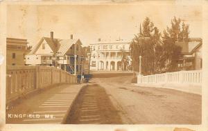 Kingfield ME Dirt Street View Storefronts Bridge RPPC Postcard