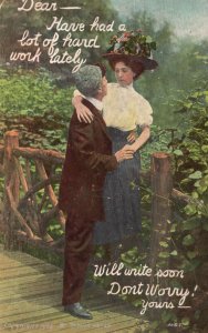 1909 Lovers Couple Dating On The Bridge Sweet Romance Vintage Postcard