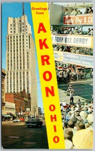 Akron Ohio 1950s Banner Postcard Soap Box Derby National Tower Building