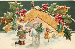 Embossed Christmas & New Years Postcard Snowman Holds Tree