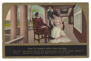 How to prevent wife from cooking. Theodor Eismann, 1910 postcard. Otterbein, IN