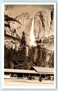 RPPC YOSEMITE NATIONAL PARK, CA View YOSEMITE LODGE, FALLS  c1930s Cars Postcard