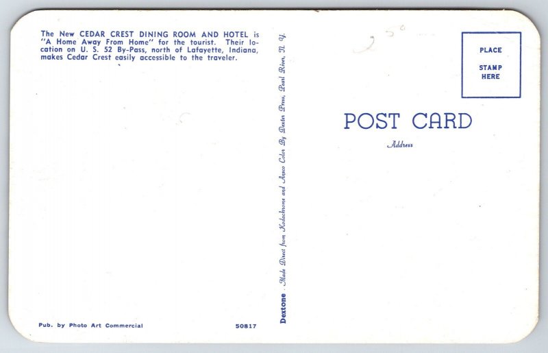 Lafayette Indiana~Cedar Crest Dining Room & Hotel Interior~1950s Postcard