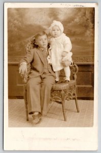 RPPC Adorable Big Brother Keeps Baby Sister Safe for Photo Postcard F26