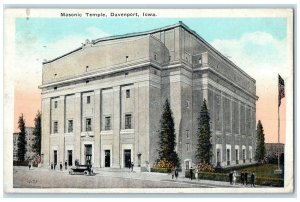 1924 Masonic Temple Exterior Roadside Davenport Iowa IA Posted Cars Postcard