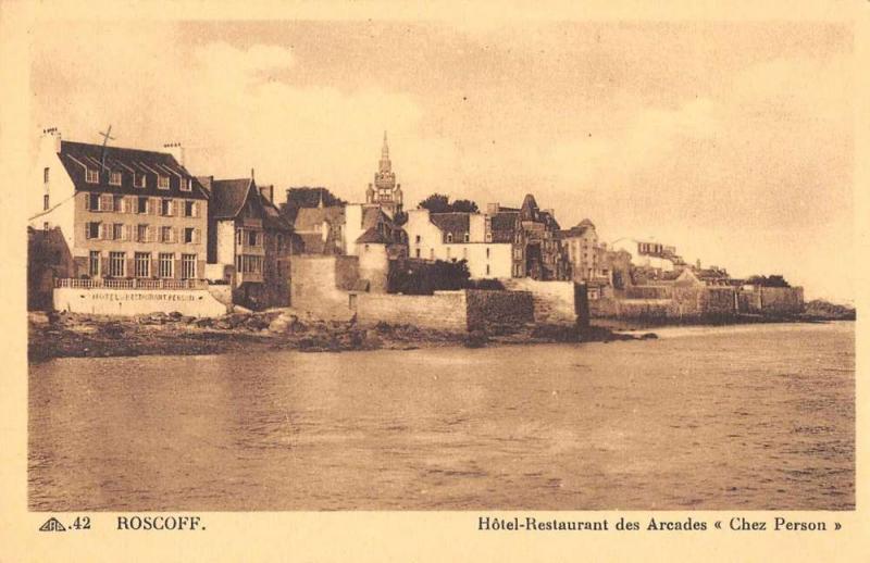 Roscoff France birds eye view Hotel-Restaurant des Arcades antique pc Z40390