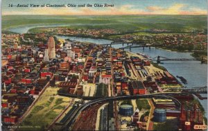 Aerial View of Cincinnati Ohio and the Ohio River Linen Postcard C085