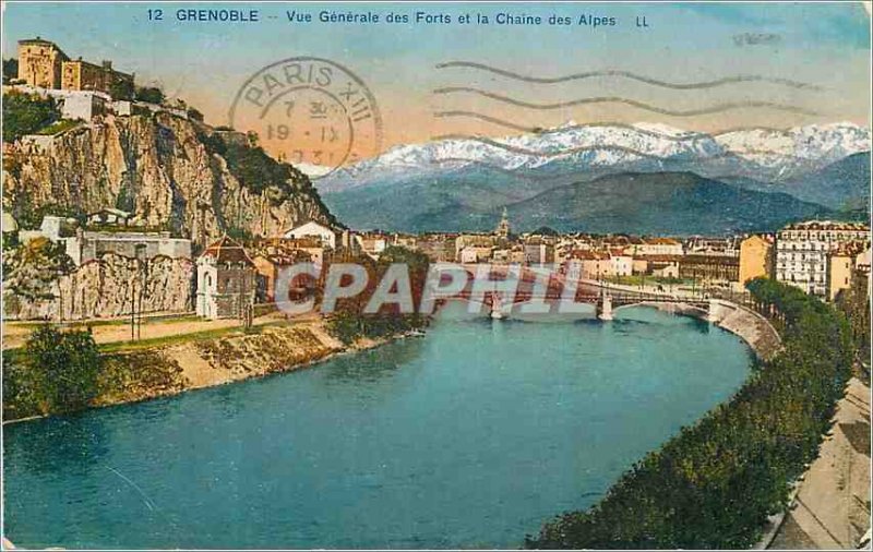 Old Postcard Grenoble Vue Generale Forts and the Chaine des Alpes