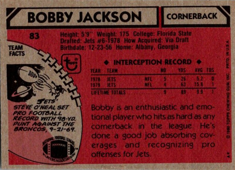 1980 Topps Football Card Bobby Jackson CB New York Jets sun0488