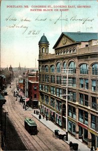 Vtg Portland ME Congress Street Looking East Baxter Block on Right 1907 Postcard