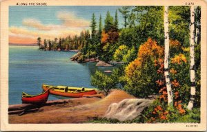 Along Shore Sunset Canoes Inland Lake Linen Postcard UNP Curt Teich Scene VTG 