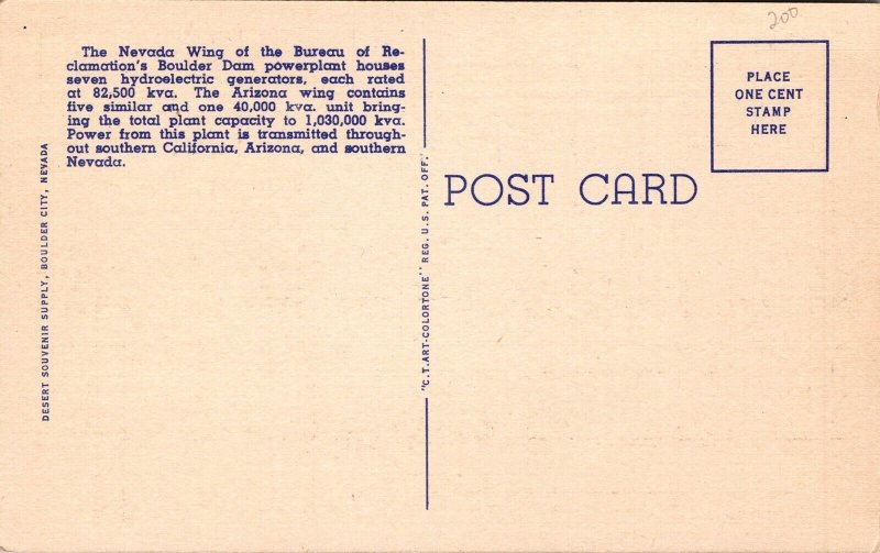 Vtg Hoover Boulder Dam Powerhouse Nevada Wing NV 1940s Linen Postcard