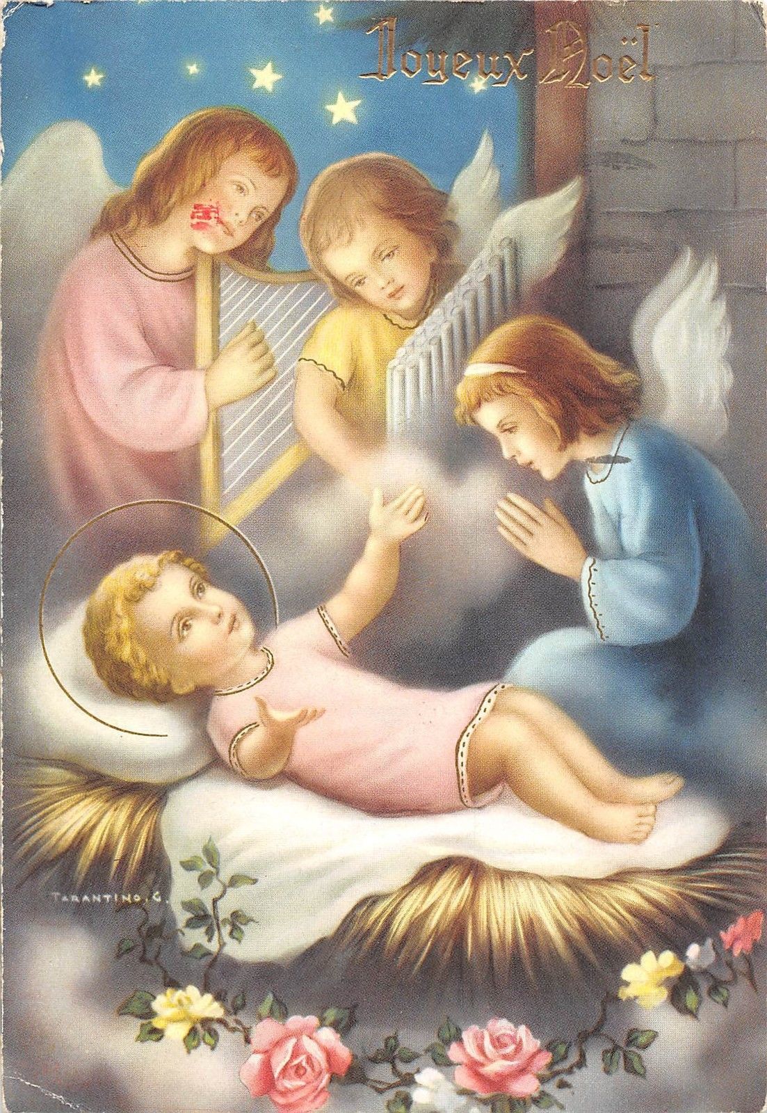 Joyeux Noel Baby Jesus Children Angels Playing Harp Hippostcard