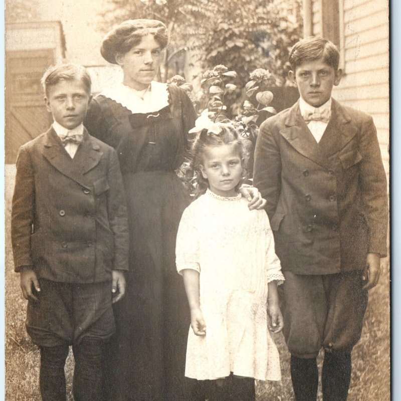 c1910s Lovely Young Lady & Children RPPC Handsome Boys Real Photo Dudley A159