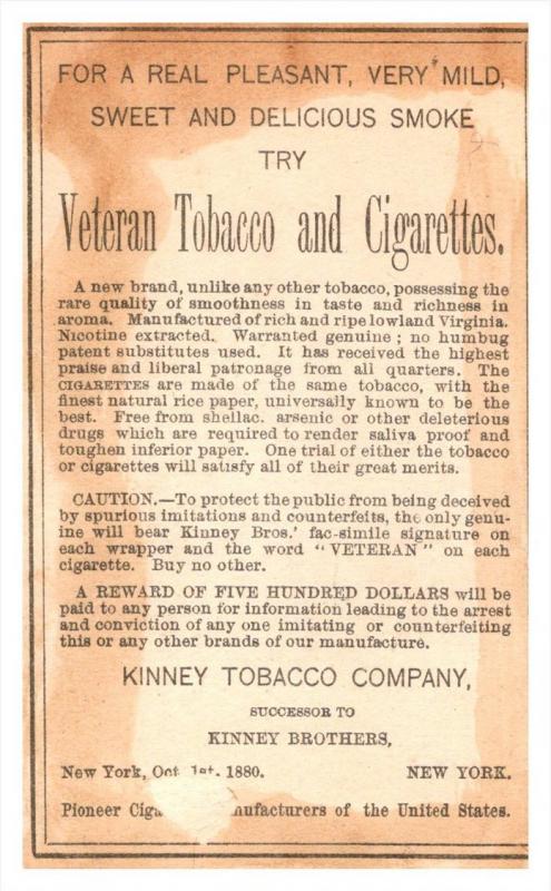 16365  Trade Card Veteran Cigarettes & Tobacco