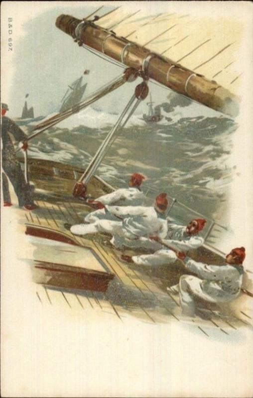 Sailing Men Pull on Rope Heavy Seas B&D Series 697 c1900 Postcard EXC COND