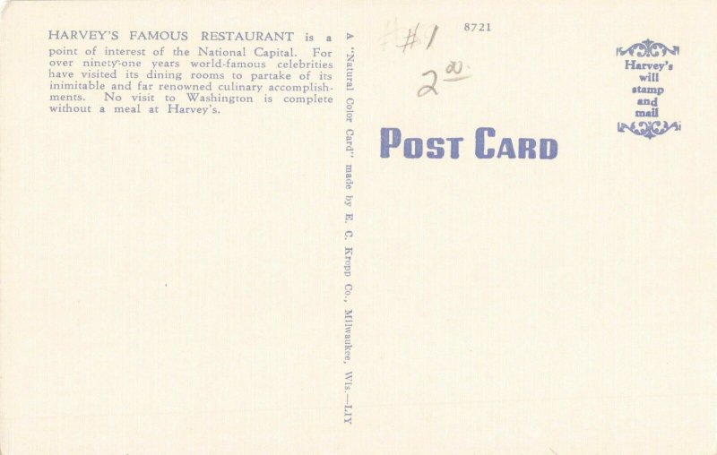 Postcard Harveys Famous Restaurant Washington DC