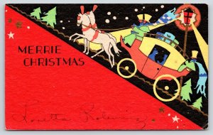 Christmas~Red & Black ART DECO~Stage Coach & White Horses~Lamp Post @ Night~1931 