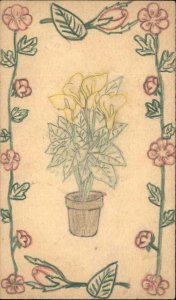 Handmade Hand Drawn Flower Pot 1906 Postal Card Delanson to Central Bridge NY