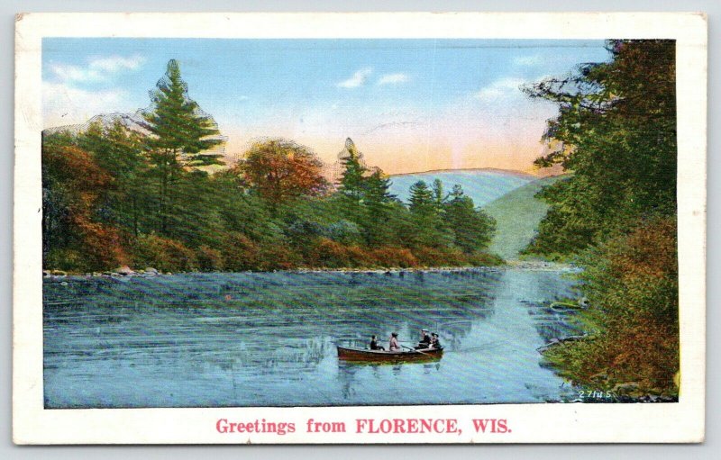 Greetings From Florence Wisconsin~Rowboating Fisher Lake?~1935 Scenic Postcard 