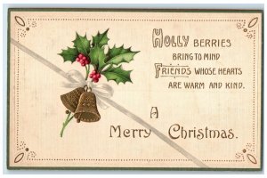 1913 Merry Christmas Holly Berries Ringing Bells Embossed Antique Postcard