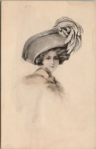 Lovely Lady Illustrated Fashions Large Hat Feathers Pretty Face Postcard V11