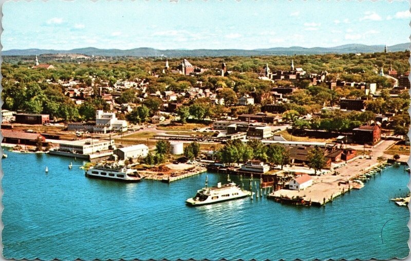 Burlington Vermont VT Skyline Old Boat Mountains VTG Scalloped Postcard UNP 