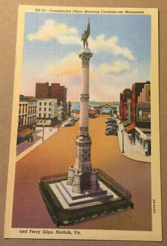 VINTAGE .01 LINEN POSTCARD USED 1944 CONFED. MONUMENT NORFOLK VA.