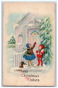 Christmas Postcard Children Knocking Door With Gifts Berries Whreath Dog c1910's