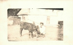 Vintage Postcard 1910's View of Man Feeding Little Cow Animal Farm RPPC Photo