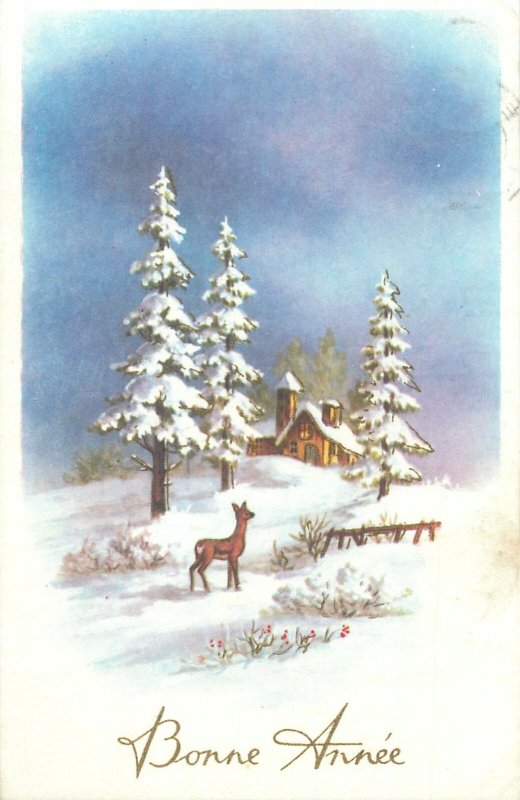 Postcard Holidays deer winter bonne annee house snow night view flowers