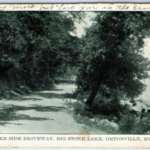 1908 Ortonville, Minn. Lake Side Driveway @ Big Stone Lake UDB Postcard A37