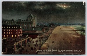 Boardwalk And Beach By Night Atlantic City New Jersey NJ Buildings View Postcard