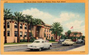 PHOENIX, AZ Arizona   Street Scene & HIGH SCHOOL 1952  Cars Linen    Postcard