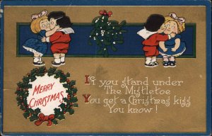 Christmas Cute Kids Mistletoe Kiss c1910 Vintage Postcard