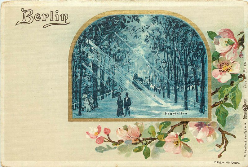 Vintage Postcard Berlin Germany Vignette Hauptallee FLowers and Poeople in Park