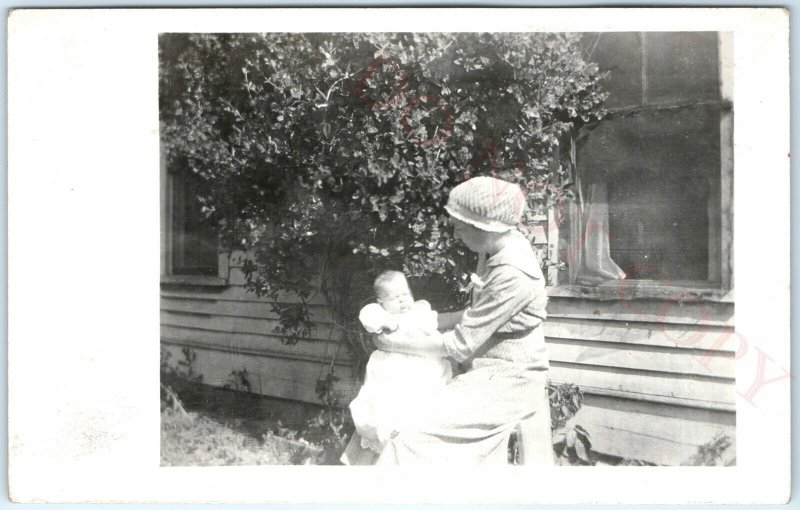 c1920s Cute Young Lady w/ Baby RPPC Mother House Vine Real Photo Postcard A94
