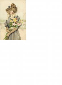 Pretty lady with bouquet of flowers Old vintage German, artost drawn, postcard