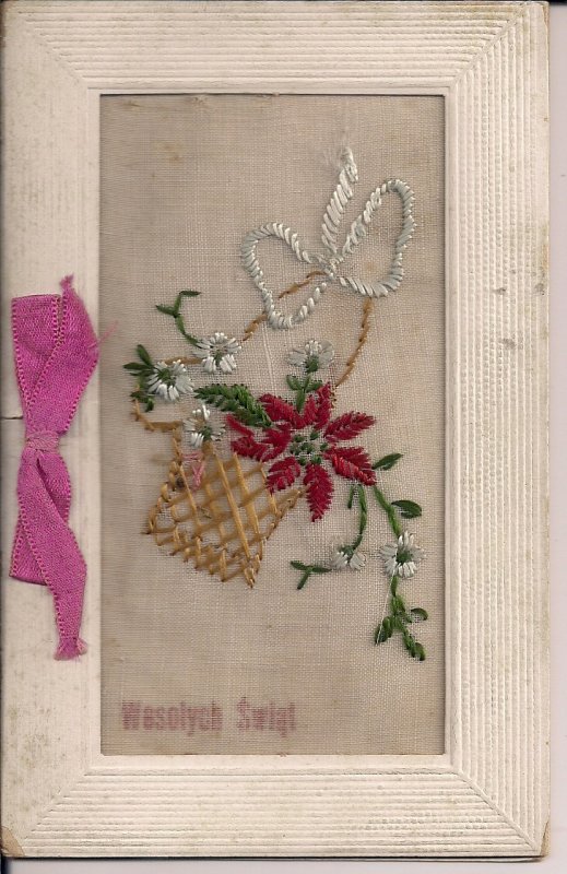 EMBROIDERED Polish Christmas Card, Poland, Pointsettia Flower, Hand Work 1930's?