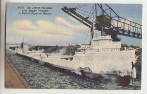 P2524, vintage postcard ice coated ship freighter stormy voyage in duluth-harbor