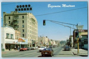 Bozeman Montana Postcard View East Main Street Road Classic Cars Buildings c1960