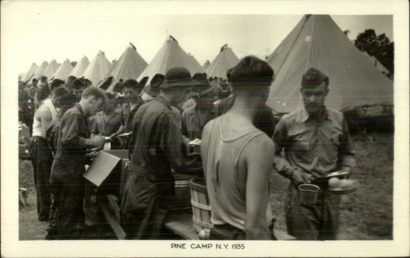 Pine Camp NY 1935 Military Soldiers Mess Line Tents Real Photo Postcard