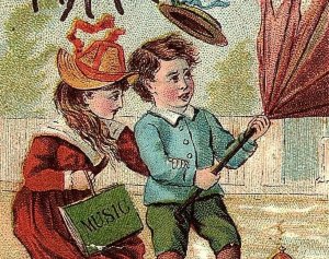 1880s Coffee Card Dilworth's Trade Victorian Wind Rain Umbrella Couple April  