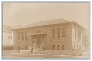 c1910's Library Building View Boys Dog Carroll Iowa IA RPPC Photo Postcard