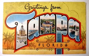 Greetings From Tampa Florida Large Letter Linen Postcard Kropp Vintage Unused